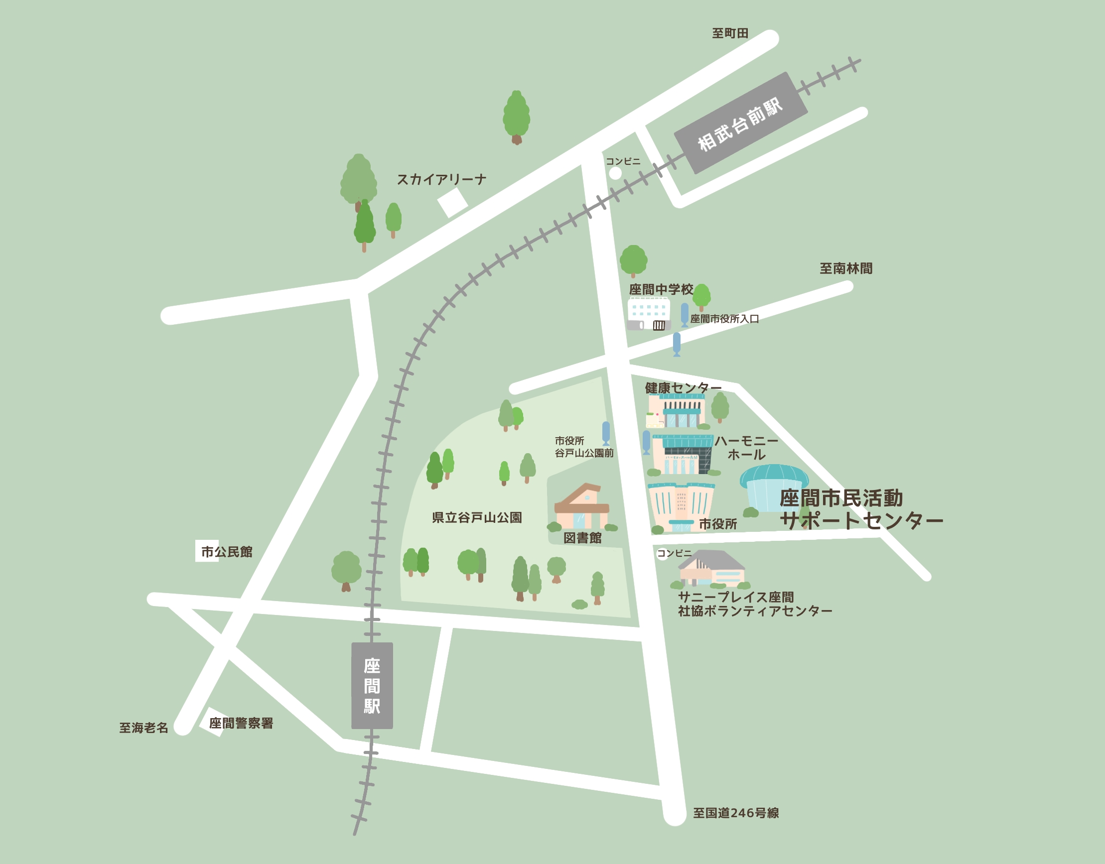 座間市民活動サポートセンター、県立谷戸山公園への地図