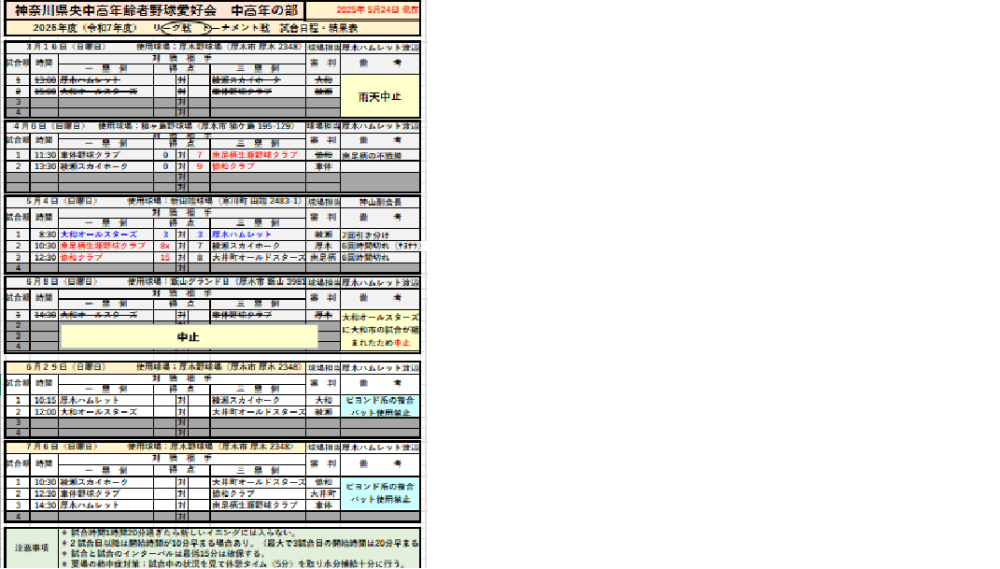 愛好会・中高年春季リーグ戦・日程結果表20250524最新版